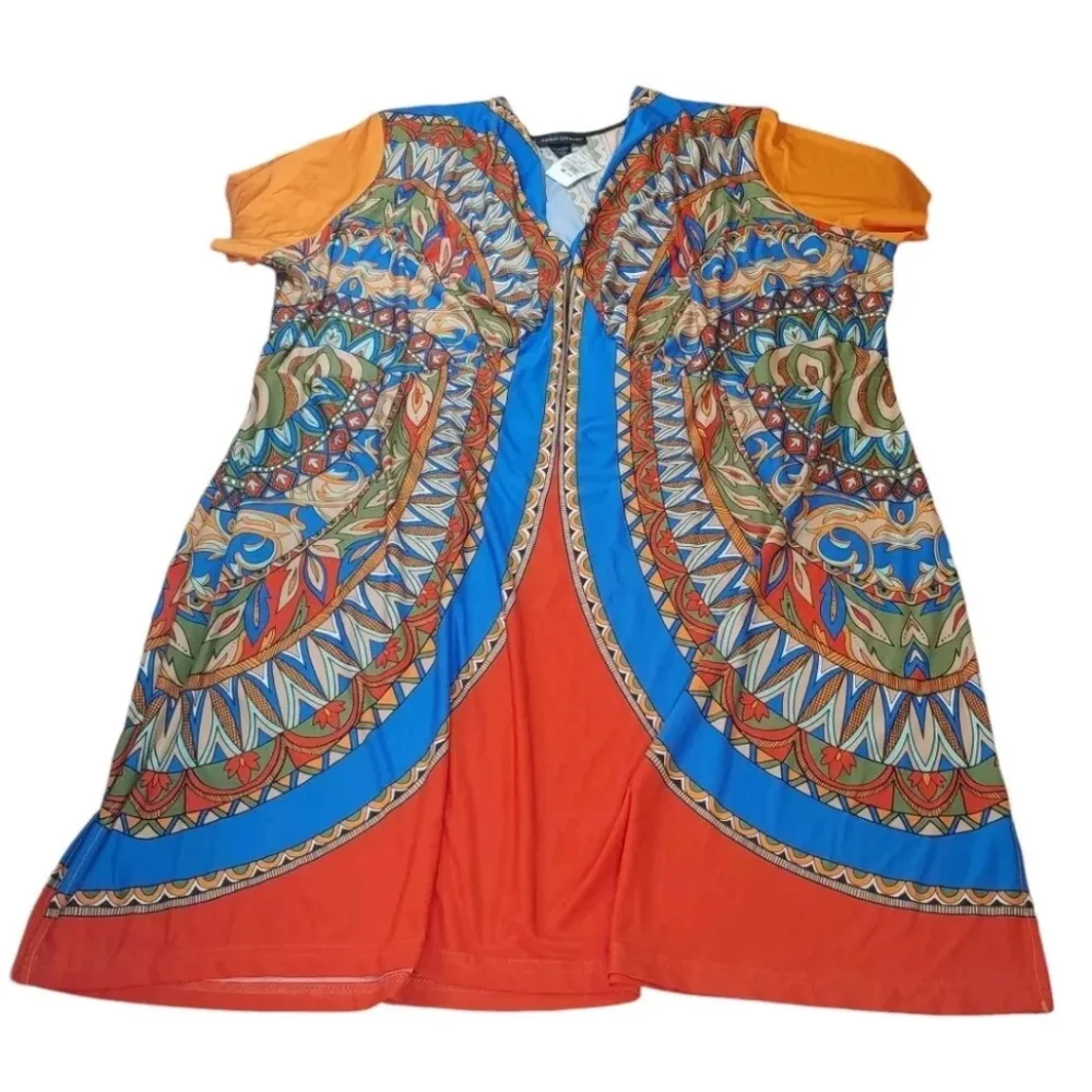 Ashley Stewart Tribal Midi Dress Woman Plus 34W 36W Orange Geometric Tribal New